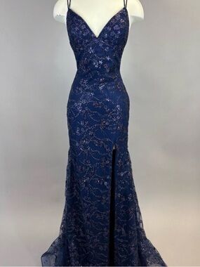 Navy Amarra Floral Sequin Formal Dress Style 88871 - Size 4